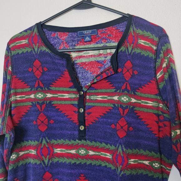 Chaps Ralph Lauren Y2K Southwestern Aztec Thermal Henley Shirt 1X Purple Red - Picture 3 of 10